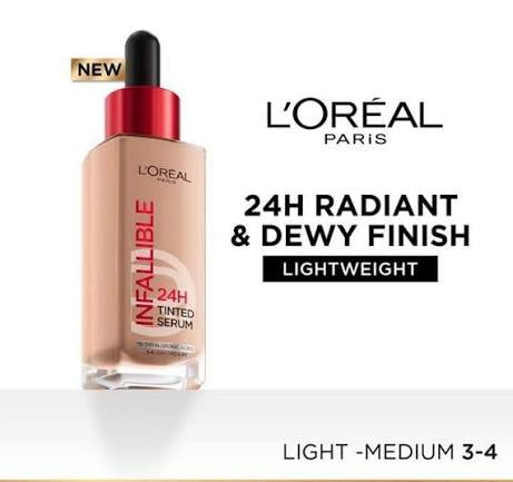 L’ORÉAL PARIS INFALLIBLE 24H TINTED SERUM WITH 1% HYALURONIC ACID FOR RADIANT HYDRATED SKIN, LIGHT TO MEDIUM COVERAGE, 30ML